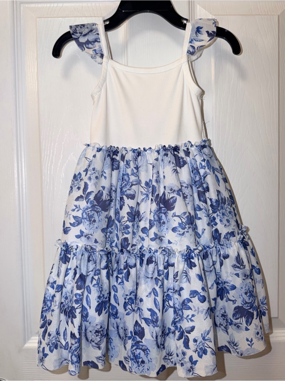 btween White Bodice Blue Floral Tiered Dress